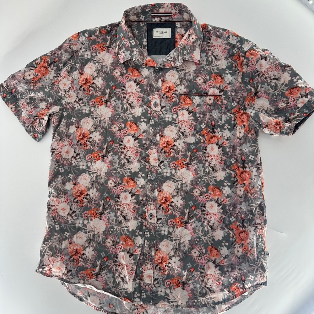 7Diamonds Skyloft Floral Button Up Shirt Men's Large L Short Sleeve Stretch Gray